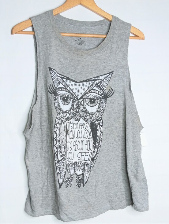 On Fire Tops - On Fire 2XL Gray Tank Top Owl Graphic Print Stretch Womens